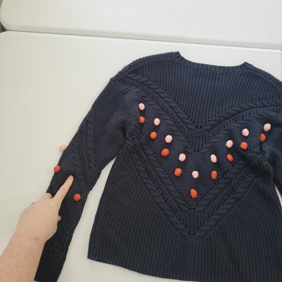 Marine Layer Sweater Womens XS Navy Pom Pom Bobble Cable Knit Crewneck Pullover - Picture 8 of 9